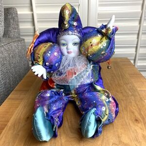 Vintage GANZ Purple Teal Porcelain Head & Hands Jester Doll‎ 16'' in.